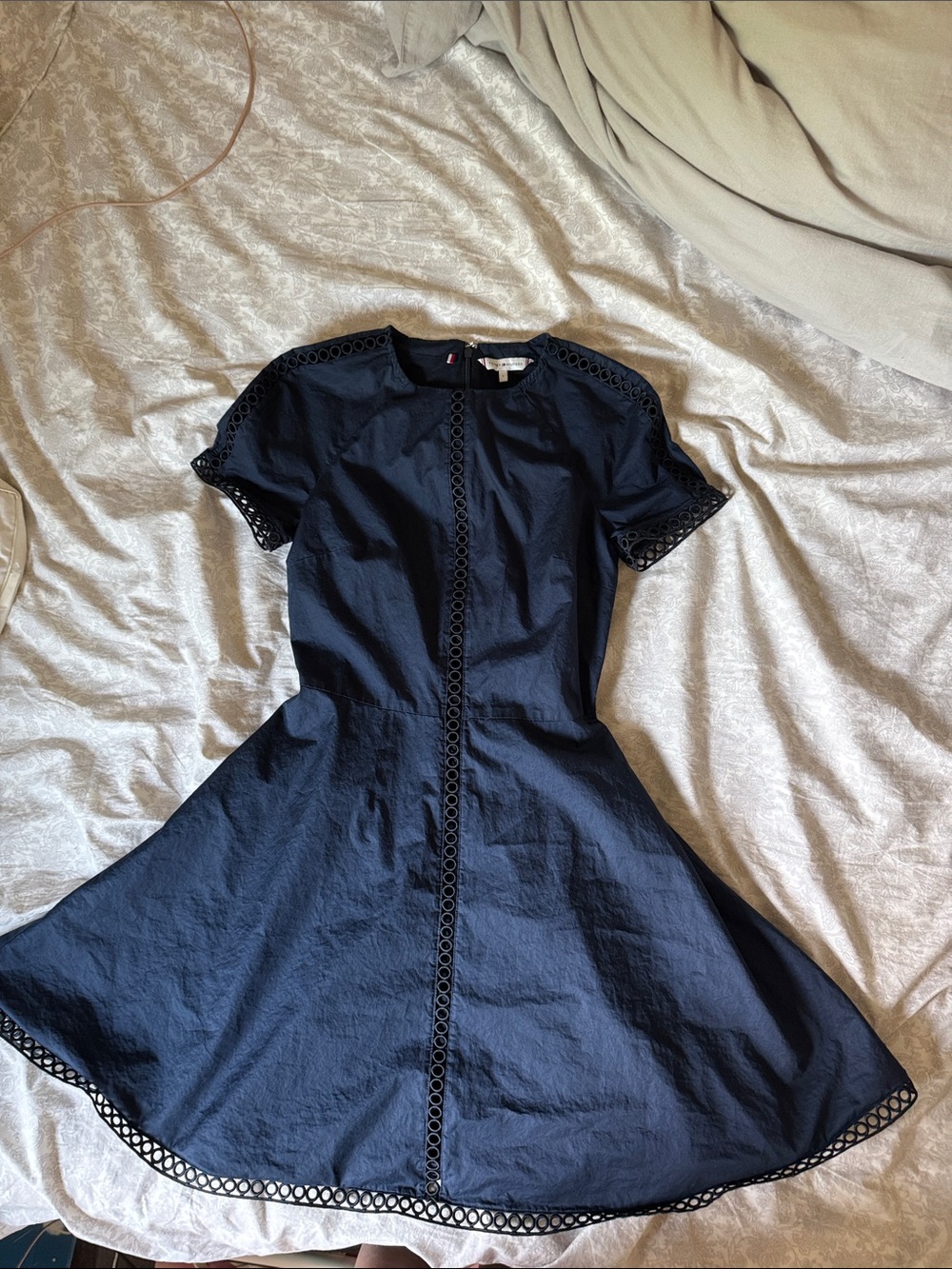 Tommy Hilfiger Navy Fit-and-Flare Mini Dress with Eyelet Trim